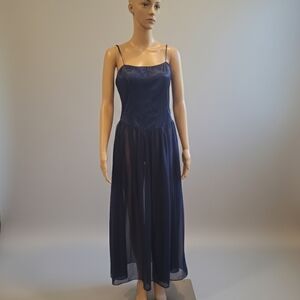 Vintage 90s Victoria’s Secret Corset Gown Slip Dress Navy Blue Satin monochromat